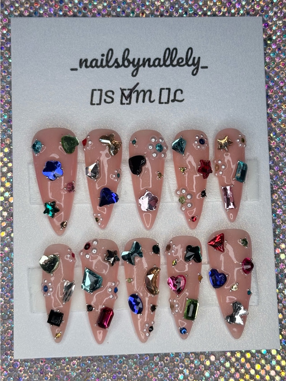 Press-On Stiletto Nails with Multi-Color Gem Accents - Nude Pink